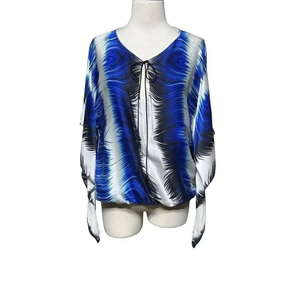 Alberto Makali Silk Geometric Print Peasant Blouse Size Medium
